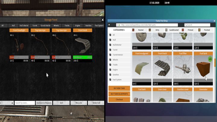 The window on the left is for outsourcing repairs, and the window on the right is for purchasing new parts. - Repairing tanks in Tank Mechanic Simulator - Basics - Tank Mechanic Simulator Guide