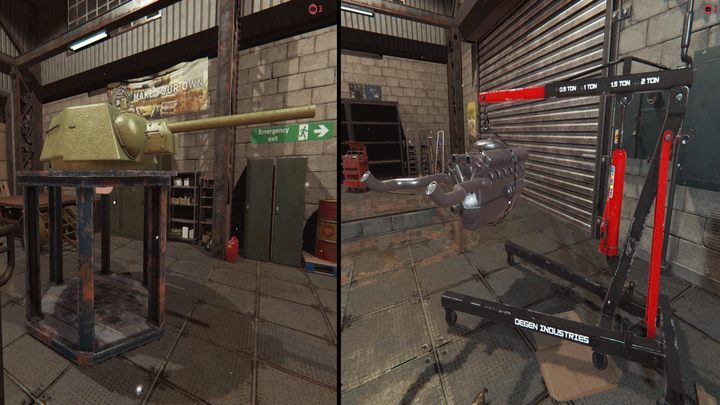 The turret (left) and the engine (right) jacks will help you with diagnostics and repairs. - Repairing tanks in Tank Mechanic Simulator - Basics - Tank Mechanic Simulator Guide
