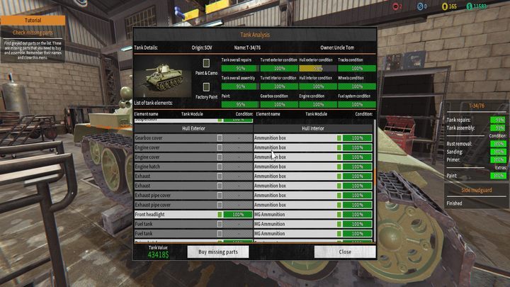 Tank analysis helps in finding parts that require repairs. - Repairing tanks in Tank Mechanic Simulator - Basics - Tank Mechanic Simulator Guide