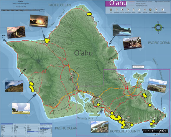 Yellow dots are the locations of model missions - Mission challenges - Models - Oahu map - Test Drive Unlimited - Game Guide and Walkthrough