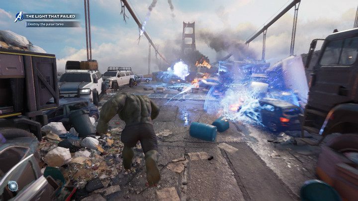 When the situation on the Golden Gate Bridge gets even more complicated and the opponent brings out some heavy guns, The Hulk will jump right into the action - Marvels Avengers: The light that failed, walkthrough - Gold Coast - Marvels Avengers Guide