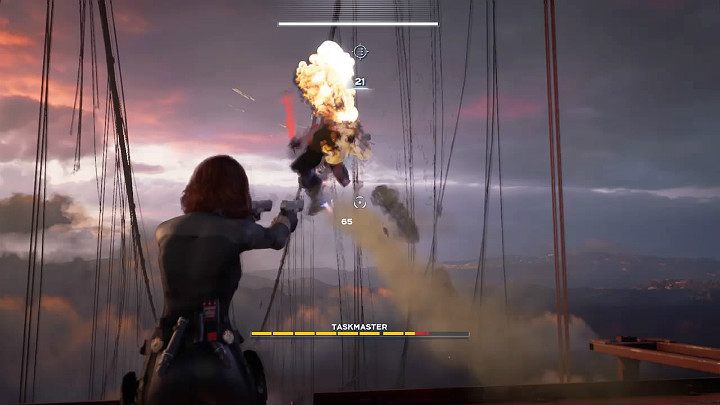 After several accurate shots, Taskmasters jet pack will get destroyed - Marvels Avengers: The light that failed, walkthrough - Gold Coast - Marvels Avengers Guide