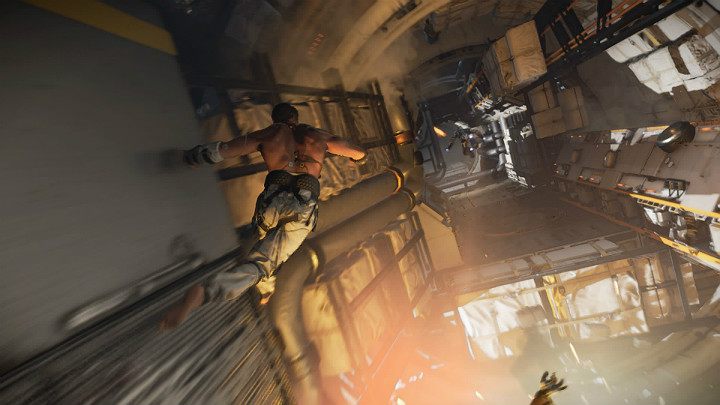 During the escape, combine double jumps with running on the walls to reach the escape pod - Marvels Avengers: Testing 1, 2, 3, walkthrough - Earth Orbit - Marvels Avengers Guide