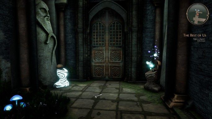 Past the fire breathing traps ahead of you, you will find a Stone Head, which should be put into the shrine located across the room - Shrines | Puzzles in The Bards Tale 4 - Puzzles - The Bards Tale 4 Game Guide