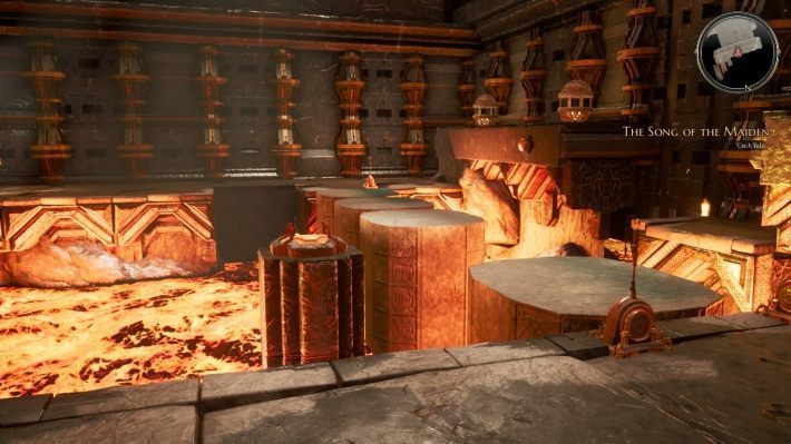 To get to the other side - stand on the nearest boulder and use the lever to get to the other three - Stones to push | Stone puzzles in The Bards Tale 4 - Puzzles - The Bards Tale 4 Game Guide