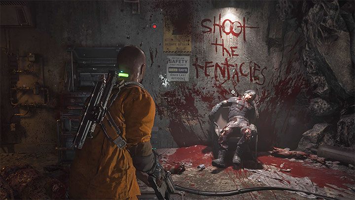 After the fight, examine the corpse of the guard under the red Shoot the Tentacles text - Callisto Protocol: Habitat - Walkthrough - The Callisto Protocol Guide