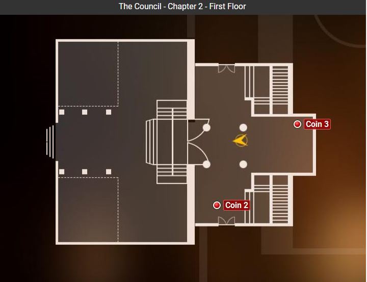 The next two coins are found on the first floor - All Coins in The Council Episode 1 - Episode 1 - The Mad Ones - The Council Game Guide