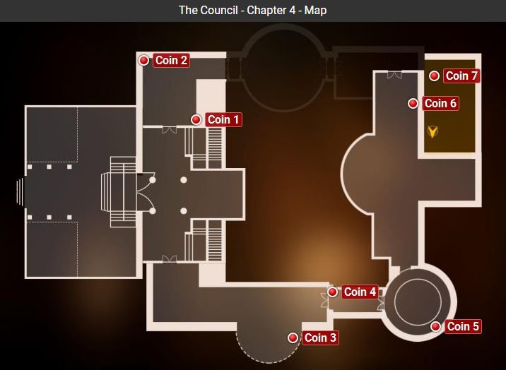 To get the first two coins you must go to the salon - All Coins in The Council Episode 1 - Episode 1 - The Mad Ones - The Council Game Guide