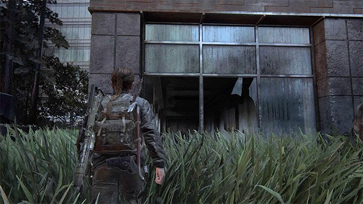 Turn right and enter the building shown in the picture with large broken glass walls - The Last of Us 2: The Descent - collectibles, artefacts, coins - Seattle Day 2 - Abby - The Last of Us 2 Guide