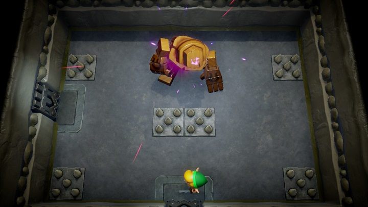 Jump over the colorful boards on the floor and go up to the next room to fight the Stone Hinox - Anglers Tunnel | Links Awakening Walkthrough - Walkthrough - Links Awakening Guide