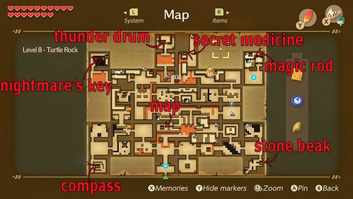 Map of the Turtle Rock with the locations of the most important items. - Turtle Rock | Links Awakening Walkthrough - Walkthrough - Links Awakening Guide