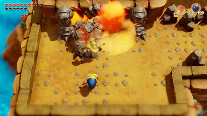 Plant bombs around its neck to smash the stone armor on the crocodiles head, then defeat the opponent using your sword - Turtle Rock | Links Awakening Walkthrough - Walkthrough - Links Awakening Guide