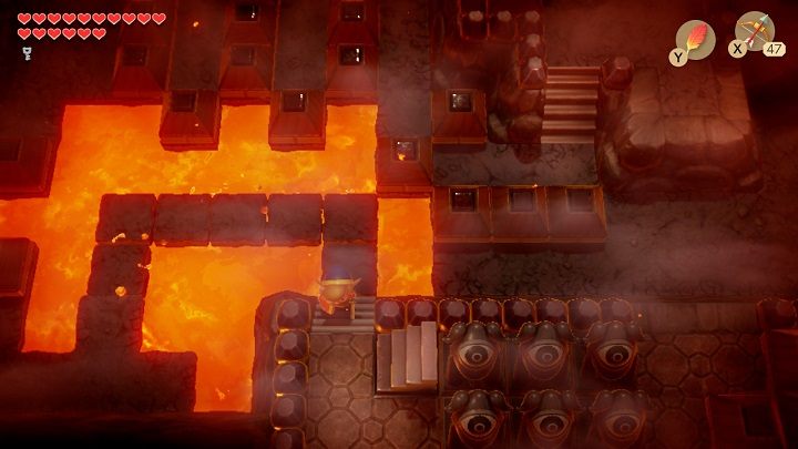 Go up and this time create a path using the device to get to the stairs by the monuments - Turtle Rock | Links Awakening Walkthrough - Walkthrough - Links Awakening Guide