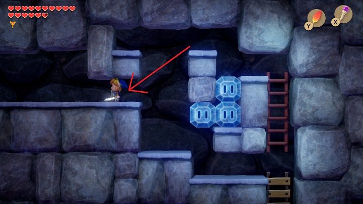 Climb the ladder and use the Magic Rod to melt the blocks of ice and jump down into the corridor to the left - Turtle Rock | Links Awakening Walkthrough - Walkthrough - Links Awakening Guide