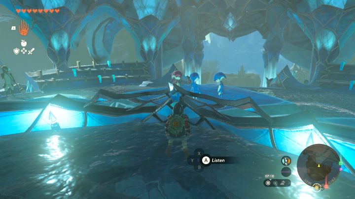 Circle the throne room quietly and sneak up behind the children to eavesdrop on their conversation - Zelda TotK: Sidon of the Zora - Walkthrough - Zelda Tears of the Kingdom Guide