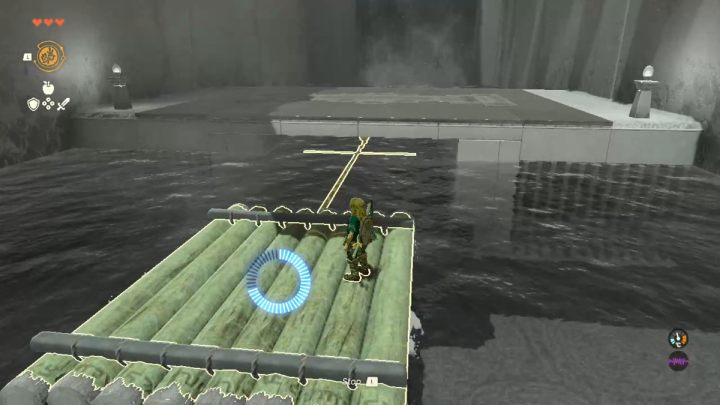 Use Recall on the passing raft and when it starts to move backwards, get on it and then jump to the other shore - Zelda TotK: Nachoyah Shrine - Sky - Zelda Tears of the Kingdom Guide