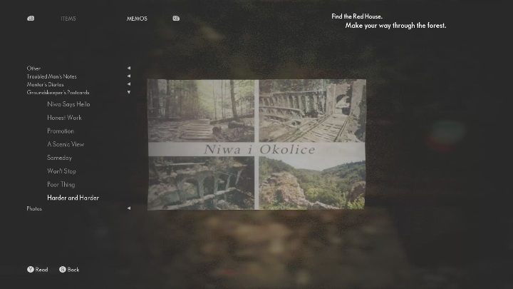 You must examine the items lying on the wooden bench, just off the main path - The Medium: Postcards - list - Secrets and Collectibles - The Medium Guide