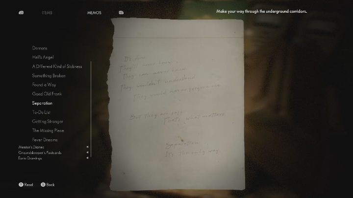 You will find this note from a troubled man on the wooden box, right next to the power source - The Medium: Notes from a troubled man - list - Secrets and Collectibles - The Medium Guide