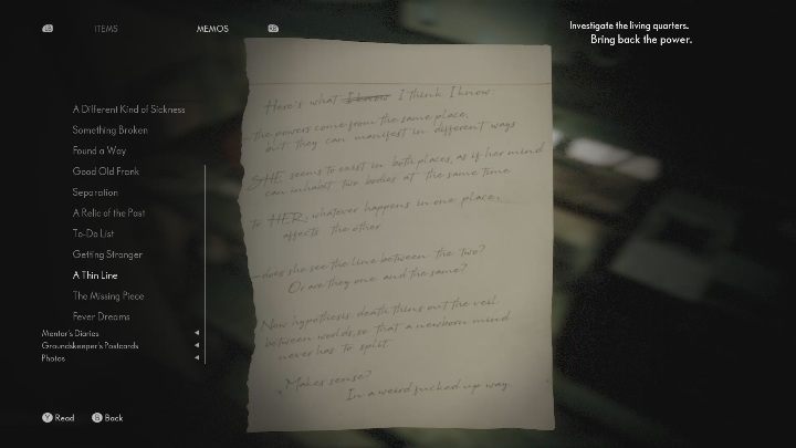 You'll find this note from a troubled man on the supply shelf in the room with the power source - The Medium: Notes from a troubled man - list - Secrets and Collectibles - The Medium Guide