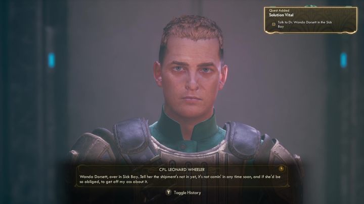 As soon as you land on the Groundbreaker, you will be stopped by captain Leonard Wheeler - Solution Vital | The Outer Worlds side quest - Groundbreaker - The Outer Worlds Guide