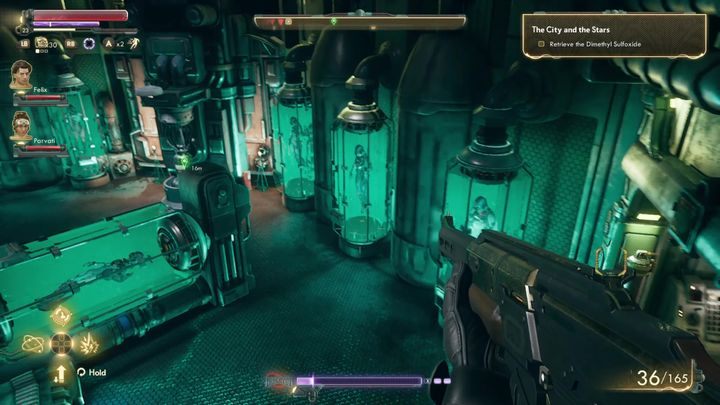 When you reach the room with Dimethyl Sulfoxide, the first thing you should do is to head to the terminal and get 26,371% of the substance - The City and the Stars | The Outer Worlds Walkthrough - Phines questline - The Outer Worlds Guide