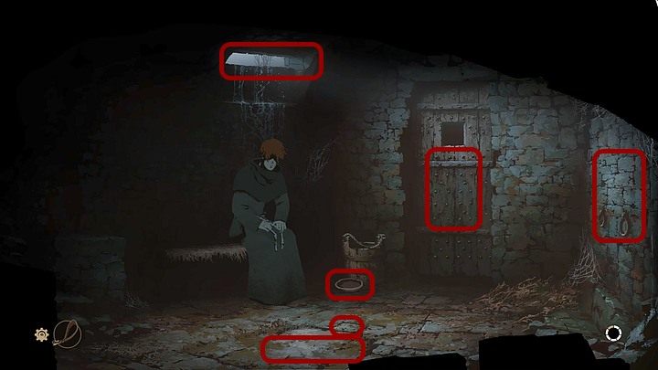 Take the bowl that stands next to the bucket (near the door) and lift a small stone plate with it - Chapter Fourteen - Departure (Kingsbridge) - Book Two: Sowing the Wind - The Pillars of the Earth Game Guide