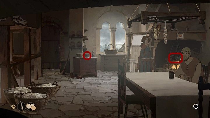 It is time to prepare a meal - look into the cooking pot (you learn which ingredients you need) and then take spices that are on the left - Chapter Fourteen - Departure (Kingsbridge) - Book Two: Sowing the Wind - The Pillars of the Earth Game Guide