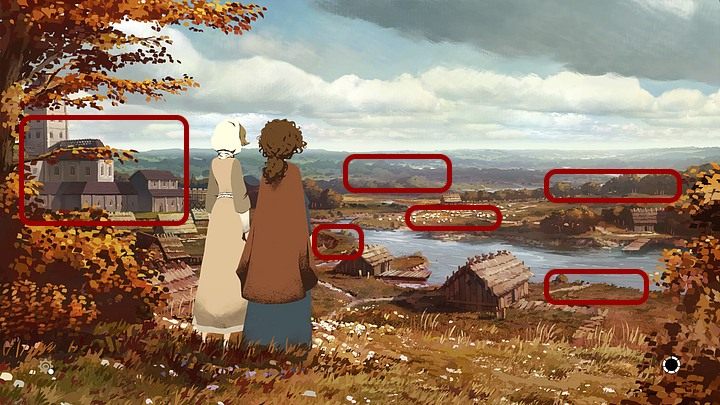 After that you have to go outside - look at: the cathedral (on the left), the new construction site, the rivers shore, the pasture on the other shore, forest in the distance (on the left) and the hills (in front of you) - Chapter Fourteen - Departure (Kingsbridge) - Book Two: Sowing the Wind - The Pillars of the Earth Game Guide