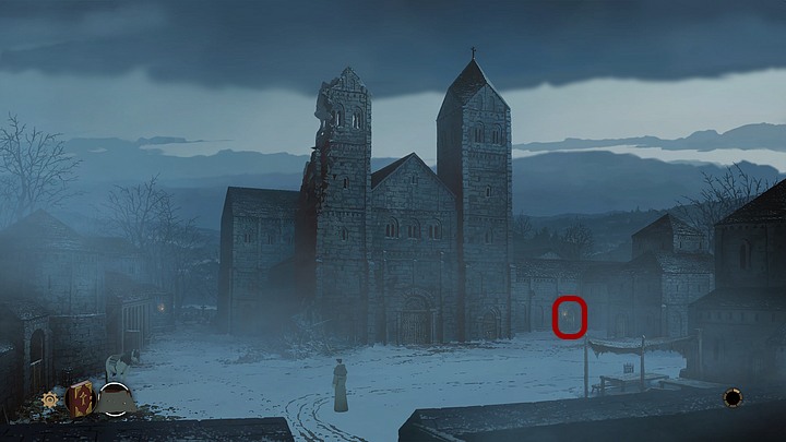 Since the main gates of the cathedral are closed, go to the cloister (on the right hand side) - Chapter One - Philip - Book One: From the Ashes - The Pillars of the Earth Game Guide