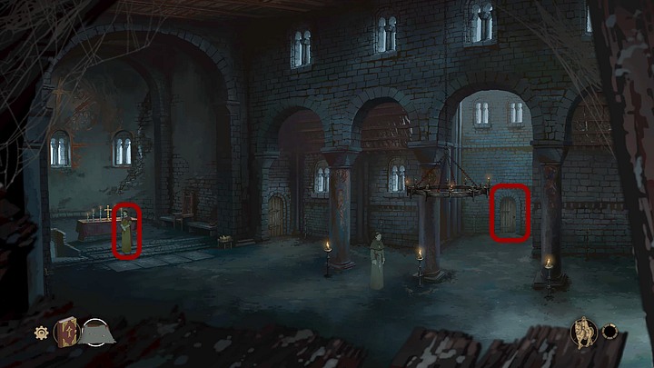 Leave the cathedral using the exit leading to the cloister (behind a column in the back, in front of which there hangs a heavy metal chandelier) - Chapter One - Philip - Book One: From the Ashes - The Pillars of the Earth Game Guide