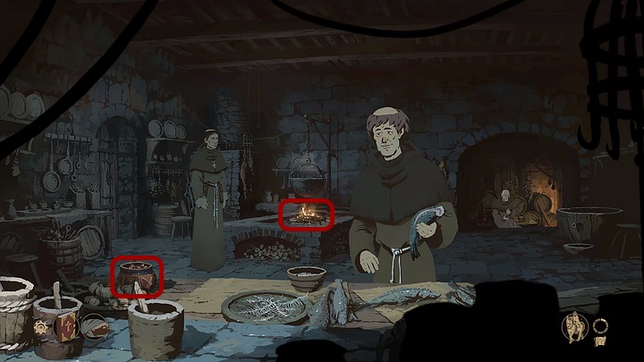 Investigate the hearth and take a hot stone from it - in order not to burn your hands use the fabric the cheese was wrapped with - Chapter One - Philip - Book One: From the Ashes - The Pillars of the Earth Game Guide