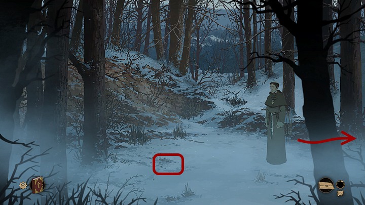 Next, take the path between the trees that goes to the left of the toll hut and go to the clearing, where you have to pick up beechnuts lying in the snow (in the middle of the screen; necessary to get an achievement) - Chapter One - Philip - Book One: From the Ashes - The Pillars of the Earth Game Guide