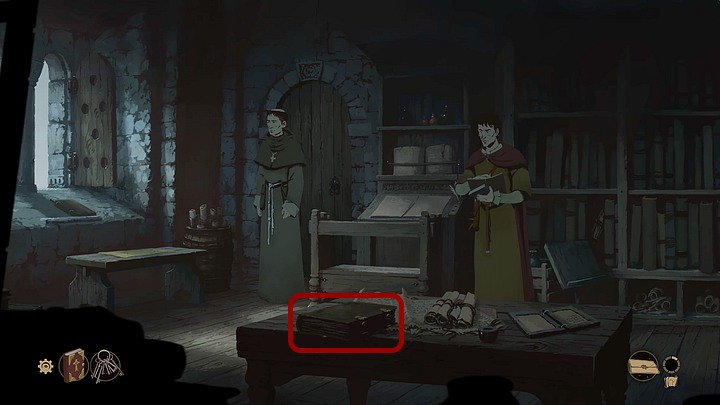 You can check the documents lying on the pulpit (behind the monks), books on the rack, a small board on the table and in the window, parchments from the barrel and a bed, but the letter can be found in the volume left on the table (on the left) - Chapter One - Philip - Book One: From the Ashes - The Pillars of the Earth Game Guide