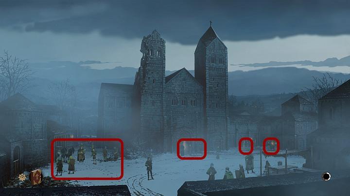 Once outside, talk to the knight on the left and monks by the Cathedral entrance and on the right side – especially Andrew, who is located by the entrance to the cloister - Chapter Four - The Prior of Kingsbridge - Book One: From the Ashes - The Pillars of the Earth Game Guide