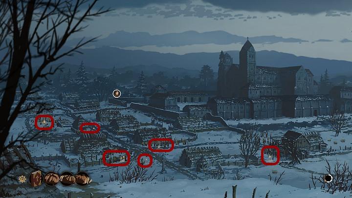 These camps are: refugees by the windmill (on the right), hungry women and children (by the first bottom hut, on the right), a group of refugees (by the first bottom hut, on the left), a dying man with a child (between two previous camps), children without parents (by the second bottom hut, on the l - Chapter Five - Man in flames - Book One: From the Ashes - The Pillars of the Earth Game Guide