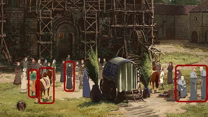 Look at the strange animals on both sides of the cart - check their humps, they will turn out to be false - Chapter sixteen - Home (Kingsbridge) - Book Three: Eye of the Storm - The Pillars of the Earth Game Guide