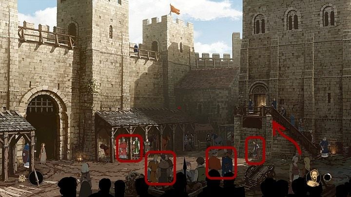 Try to enter the stairs that lead to the castle - Chapter Nine - The Oath (Winchester castle yard; market; prison cell;back alley; Huntleigh abandoned house; pastures) - Book Two: Sowing the Wind - The Pillars of the Earth Game Guide