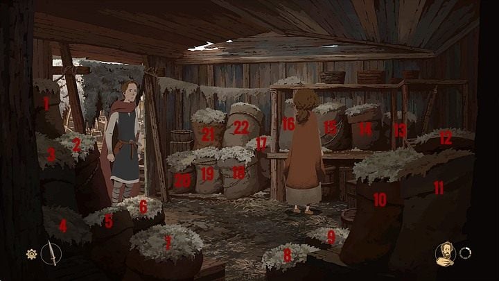 You are now inside the stall with the wool bags - Chapter Nine - The Oath (Winchester castle yard; market; prison cell;back alley; Huntleigh abandoned house; pastures) - Book Two: Sowing the Wind - The Pillars of the Earth Game Guide