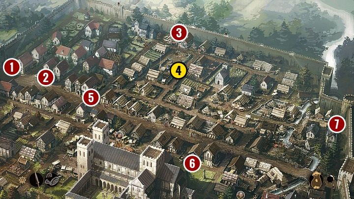 Go to that tavern (the upper part of the map) - you learn that a stableboy in a green hat can give you more information - Chapter Nine - The Oath (Winchester castle yard; market; prison cell;back alley; Huntleigh abandoned house; pastures) - Book Two: Sowing the Wind - The Pillars of the Earth Game Guide