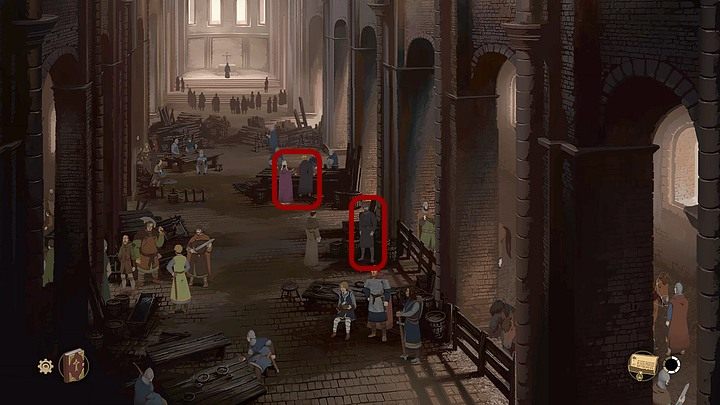 Go inside the cathedral and speak with the terrified soldier (on the right) - you can advise him to hide in the church or tell him that he shouldnt run away - Chapter Twelve - The Great Beast (Lincoln town; cathedral) - Book Two: Sowing the Wind - The Pillars of the Earth Game Guide