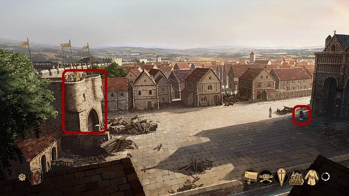 Leave the cathedral (in the bottom of the screen) - Chapter Twelve - The Great Beast (Lincoln town; cathedral) - Book Two: Sowing the Wind - The Pillars of the Earth Game Guide