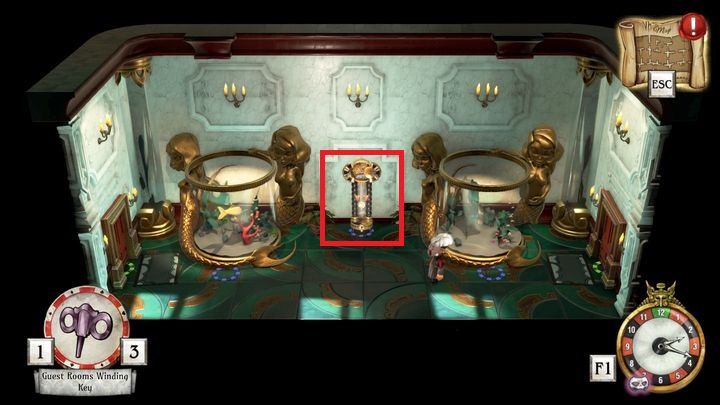 In the location first you must fix the clock and then synchronize it with your pocket watch by using the Z key - Set starting position | Willow Blue - Willow Blue - The Sexy Brutale Game Guide