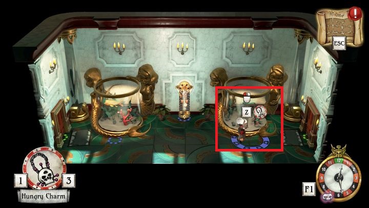 Go back to the corridor with the clock and use the charm on one of the fish marked on the picture - Save Willow Blue | Willow Blue - Willow Blue - The Sexy Brutale Game Guide