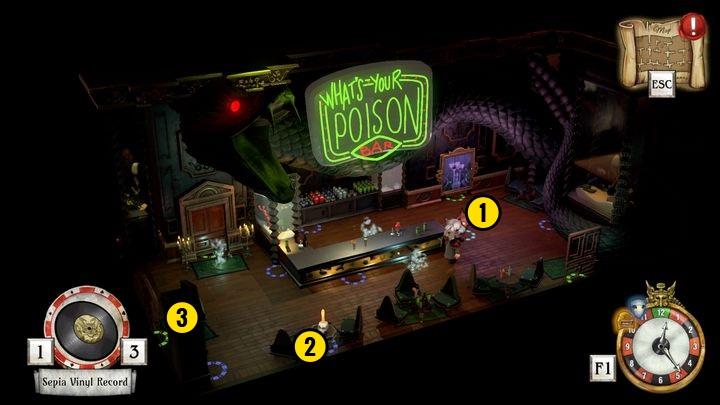 Take the record off of the gramophone [1] and take it with you - Acquire the password and set the statue behind the bar | Thanos Gorecki & Aurum - Thanos Gorecki & Aurum Runes - The Sexy Brutale Game Guide