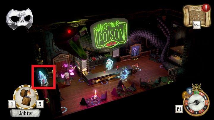 When Aurum enters the room exit the closet and talk to the ghost - Acquire the password and set the statue behind the bar | Thanos Gorecki & Aurum - Thanos Gorecki & Aurum Runes - The Sexy Brutale Game Guide