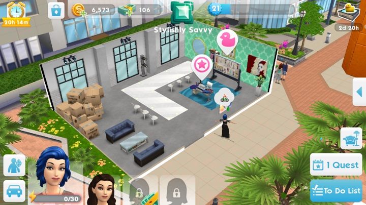 At level 10, you can unlock a fashion workplace in the Market Square - Career in The Sims Mobile - Missions, events, careers and hobbies - The Sims Mobile Game Guide