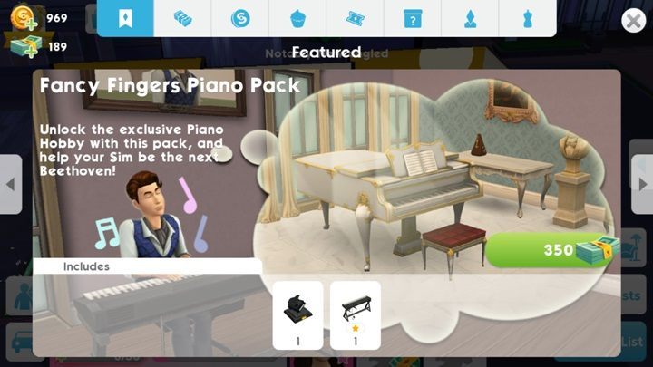 The Fancy Fingers package includes a piano and a reflector - How to unlock the piano in The Sims Mobile? - Starting tips - The Sims Mobile Game Guide