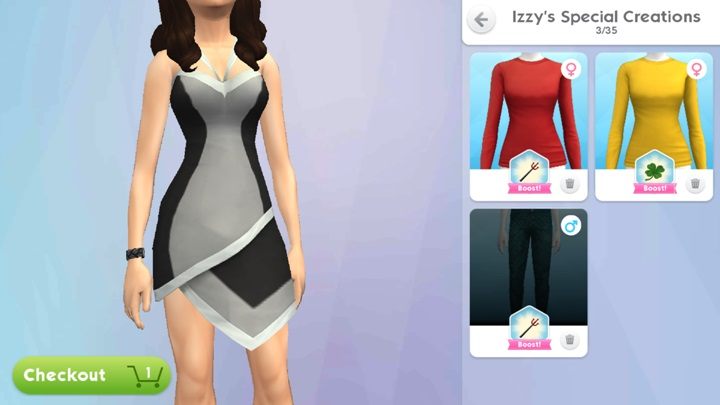 You can find designs prepared by Izzy in the Style section, in a tab named Izzys Special Creations - Izzys Fashion Shop | Style - Style - The Sims Mobile Game Guide