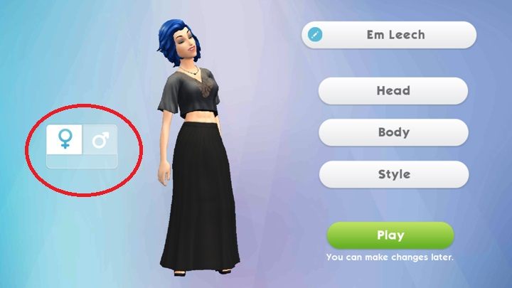 If you want to change the sex of your sim, simply click on the appropriate symbol - Name, age and sex | Creating and developing a Sim - Creating and developing a Sim - The Sims Mobile Game Guide