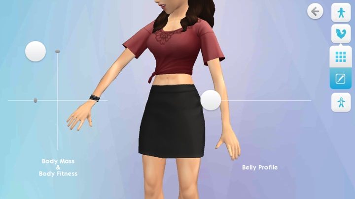 This section allows you to adjust the weight and shape of your sims abdomen - Silhouette and skin | Creating and developing a Sim - Creating and developing a Sim - The Sims Mobile Game Guide